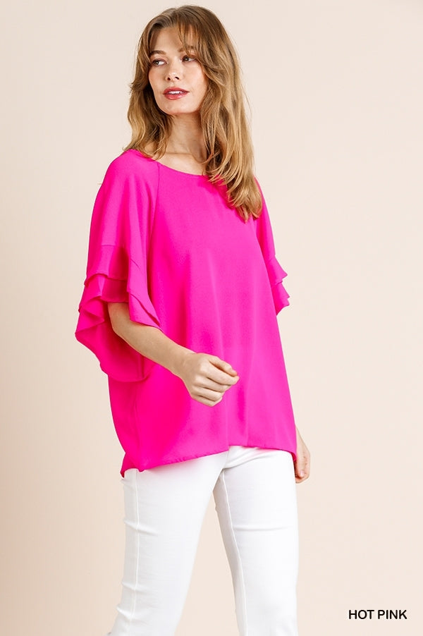 Umgee  Satin Hot Pink Layered Ruffle Sleeve and Round Neck Top