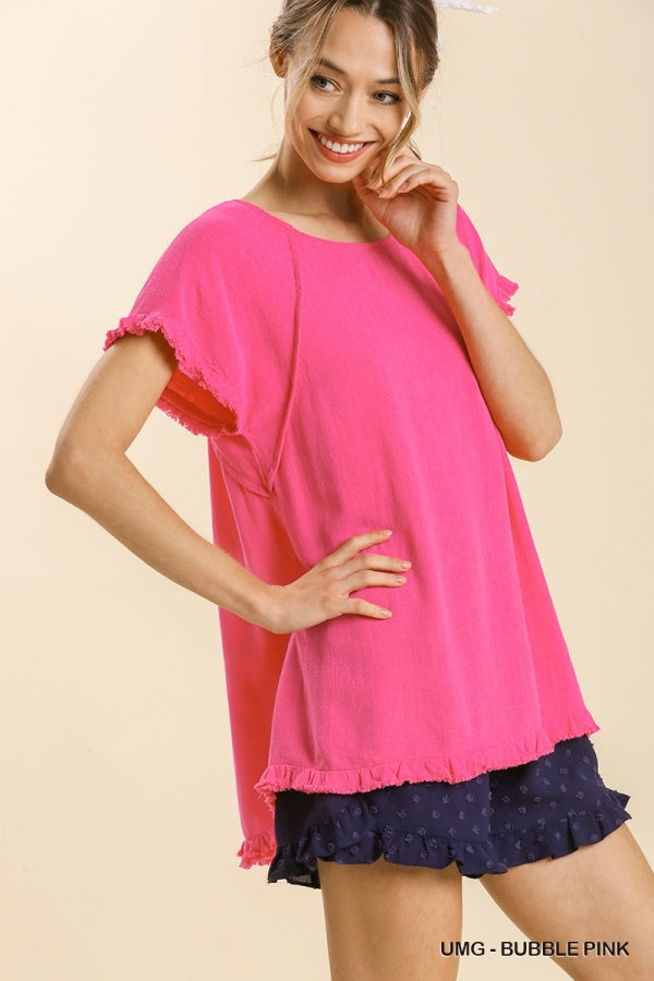 Umgee Plus Size Bubble Pink Linen Short Sleeve Top