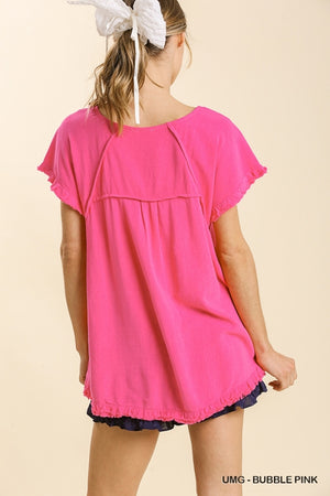 Umgee Plus Size Bubble Pink Linen Short Sleeve Top