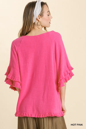 Umgee Hot Pink Linen Blend Layered Ruffle Sleeve Top