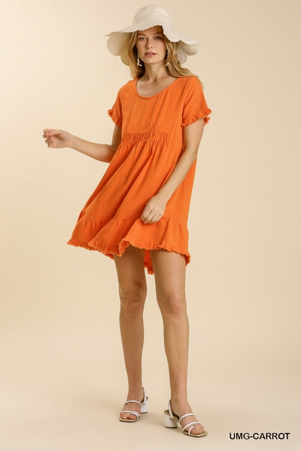 Carrot Linen Blend Short Sleeve Round Neck Dress with Ruffle Trim and Frayed Edges
