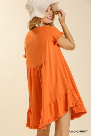 Carrot Linen Blend Short Sleeve Round Neck Dress with Ruffle Trim and Frayed Edges