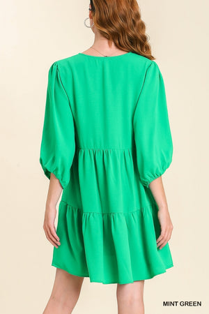 Plus Size Green Umgee V-Neck Tiered Dress with 3/4 Sleeve
