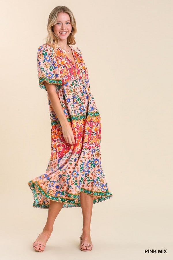 Umgee Mixed Floral Short Sleeved Maxi Dress