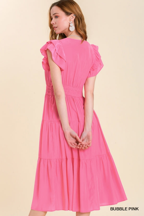 Pink Ungee Flutter Sleeved Midi Dress