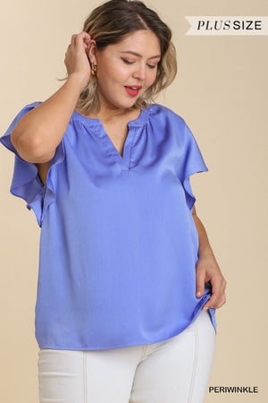 Umgee Periwinkle Satin Plus Size Top with Short Ruffle Sleeve