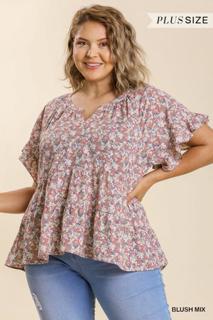 Umgee Plus Size Floral Print Split Neck Short Ruffle Sleeve Tiered Top with High Low Hem