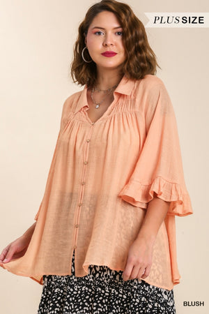 Sheer Blush Umgee Plus Top with Bell Sleeves